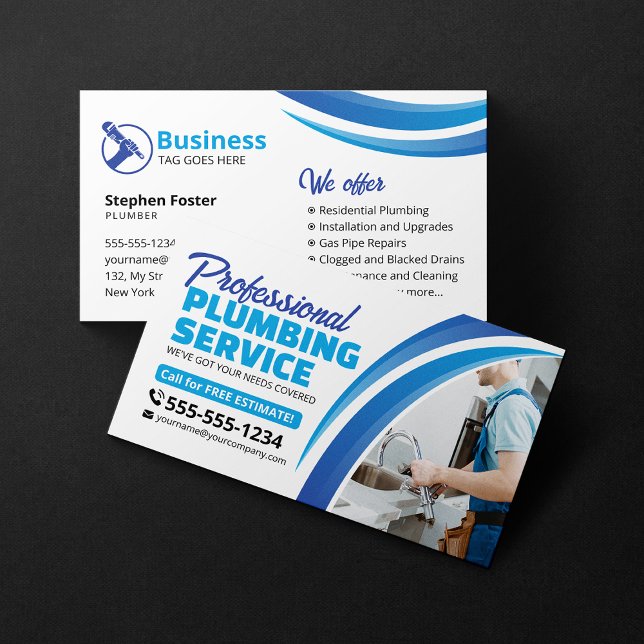 Blue Plumbing Service Repair Plumber Contractor Business Card (Creator Uploaded)