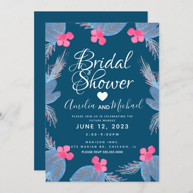 Blue Poinsettia Berry Watercolor Bridal Shower Invitation (Front/Back)