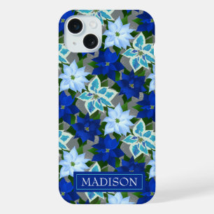 Blue Poinsettia Christmas iPhone 15 Plus Case