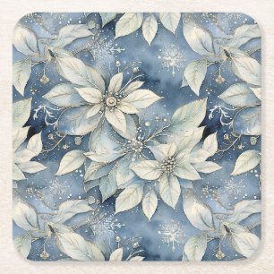Blue Poinsettia Elegance Square Paper Coaster