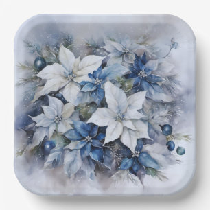 Blue Poinsettia Flowers, Christmas Ornaments Paper Plate