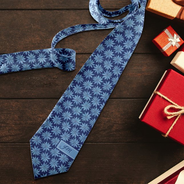 Blue Poinsettia Initials Classic Whimsy Christmas Tie (Creator Uploaded)