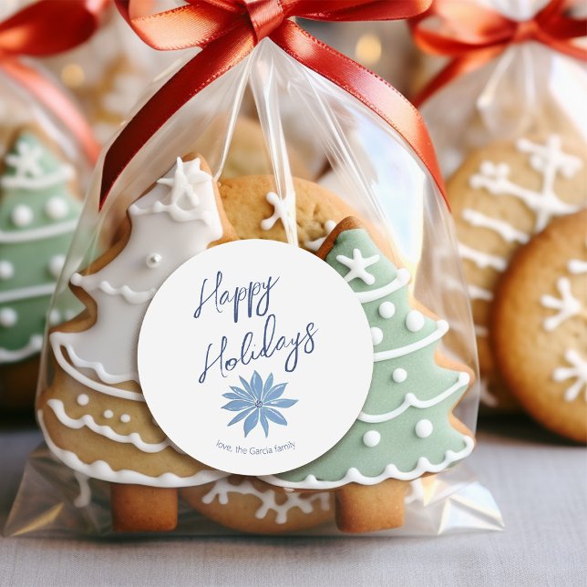 Blue Poinsettia Minimal Happy Holidays Christmas Classic Round Sticker (Creator Uploaded)