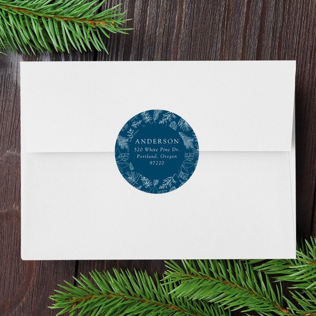 Blue Poinsettias and Pinecones Return Address Classic Round Sticker (Creator Uploaded)