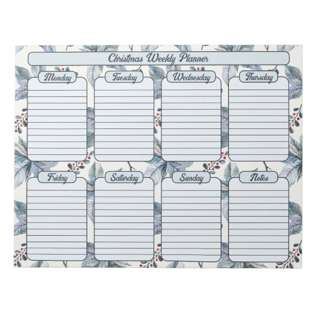Blue Poinsettias Christmas Weekly Planner Notepad (Front)