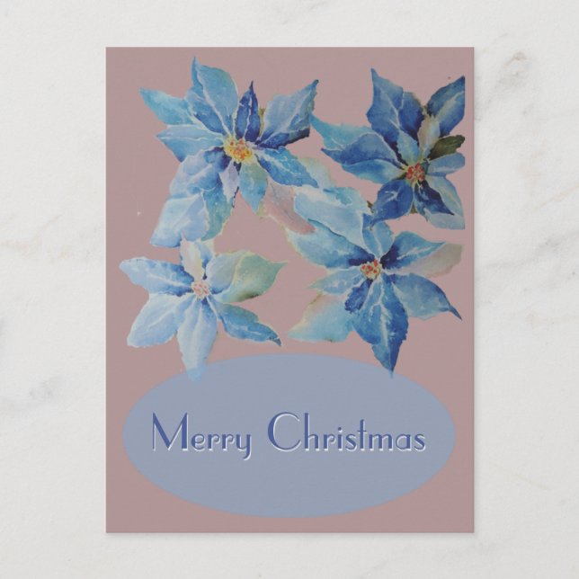 Blue Poinsettias on Dusty Pink Background Holiday Postcard (Front)