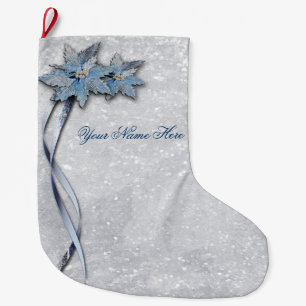 Blue Poinsettias on Silver Large Christmas Stocking