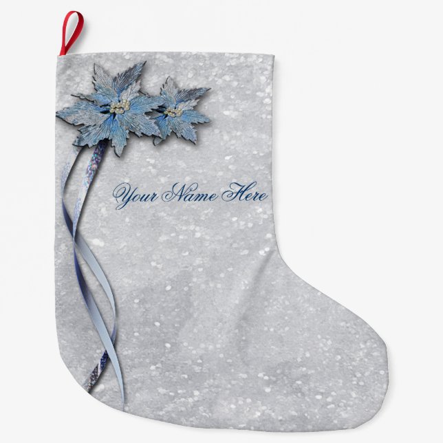 Blue Poinsettias on Silver Large Christmas Stocking (Front)