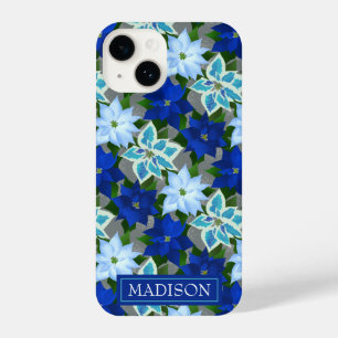 Blue Poinsettias Silver Christmas iPhone 14 Case