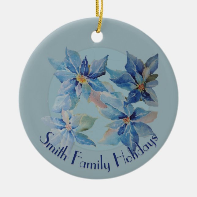 Blue Poinsettias with Your Text Ceramic Tree Decoration (Front)