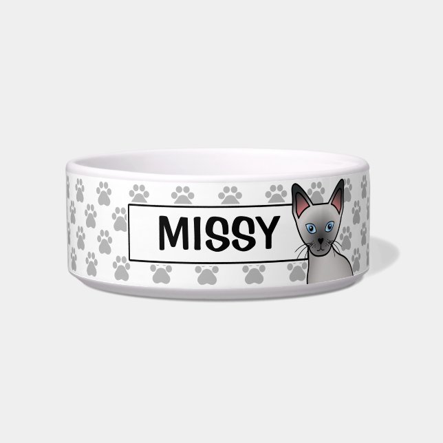 Blue Point Siamese Cat Cartoon Illustration & Name Bowl (Front)