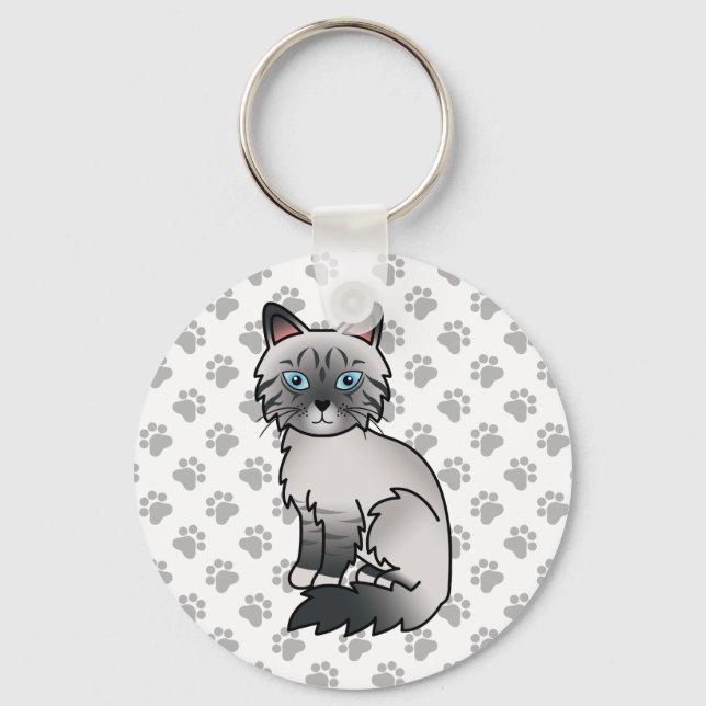 Blue Point Tabby Birman / Ragdoll Cat Illustration Key Ring (Front)