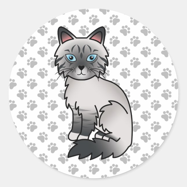 Blue Point Tabby Birman / Ragdoll Cute Cat & Paws Classic Round Sticker (Front)