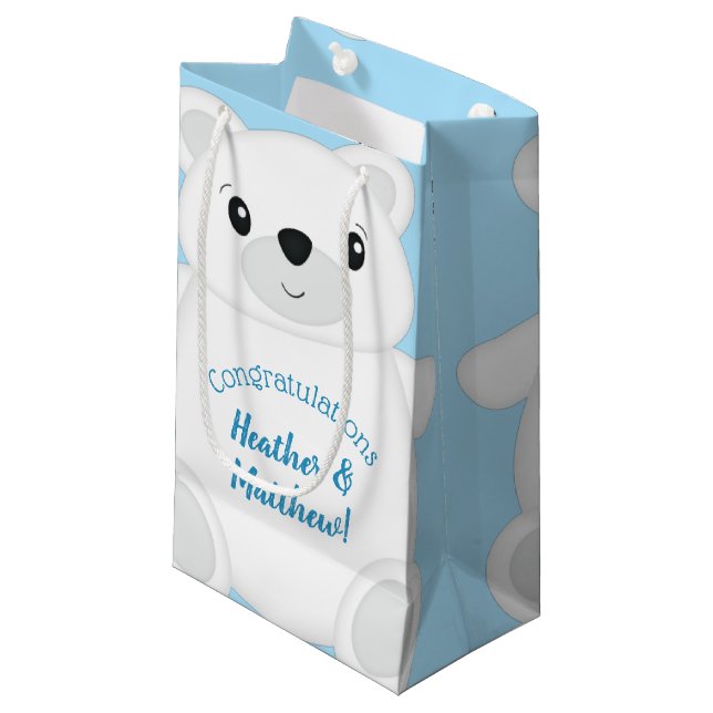 Blue Polar Bear Baby Shower Small Gift Bag (Front Angled)