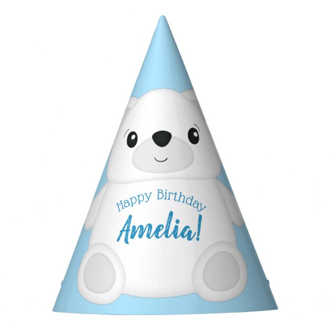 Blue Polar Bear Birthday Party Hat (Front)