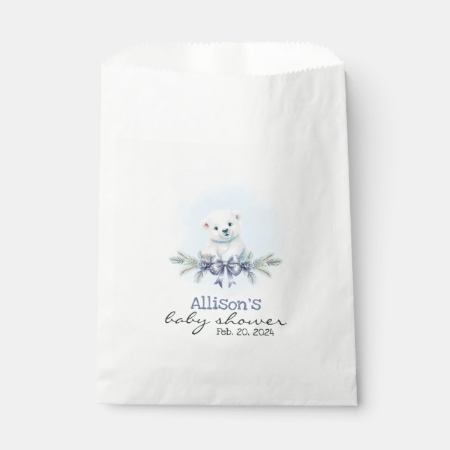 Blue Polar Bear Cub Boy Hearts Winter Baby Shower Favour Bags (Front)