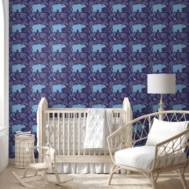 Blue Polar Bears  Christmas Leaf Patterns on navy Wallpaper (Kids)