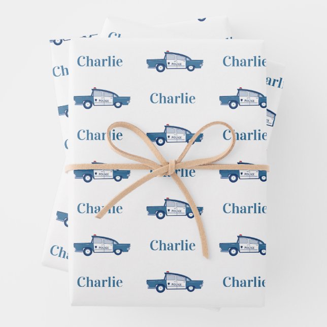 Blue Police Officer Birthday Party Custom Wrapping Paper Sheet (In situ)