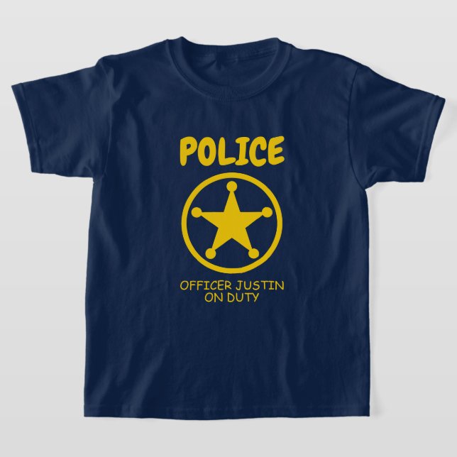 Blue police officer on duty badge t shirt for kids (Laydown)