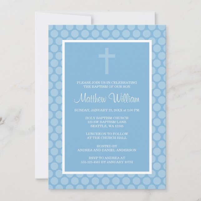 Blue Polka Dot Cross Boy Baptism Christening Invitation (Front)