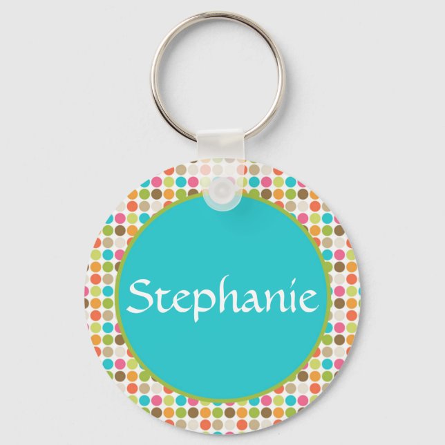 Blue Polka Dot Customisable Name Button Keychain (Front)