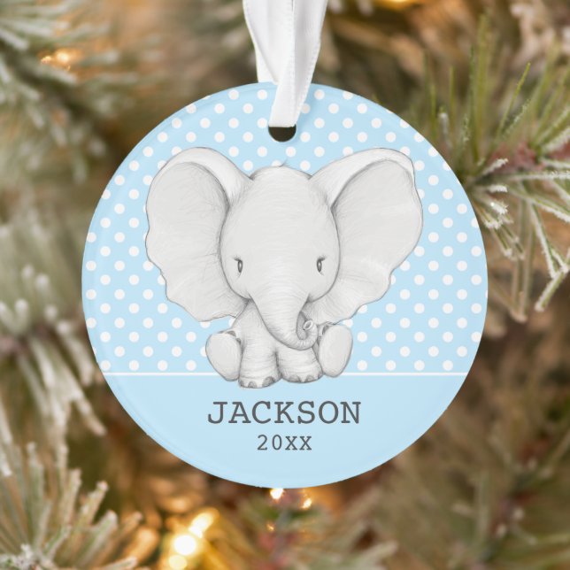 Blue Polka Dot Elephant Personalised Boy baby Ornament (Tree)