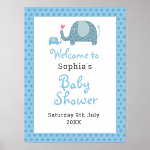 Blue Polka Dot Elephants Baby Shower Welcome Poster