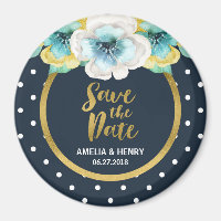 Blue Polka Dot, Faux Gold Floral Save the Date