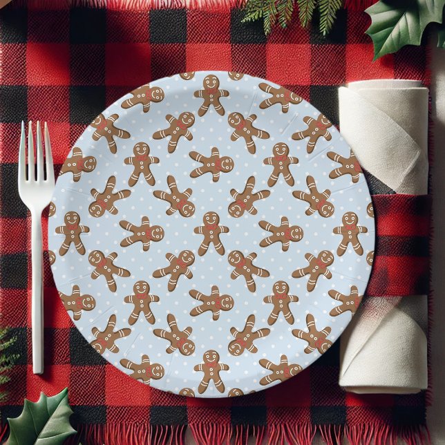 Blue Polka Dot Gingerbread Man Christmas Paper Plate (Creator Uploaded)