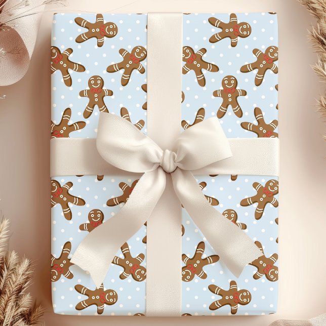 Blue Polka Dot Gingerbread Man Christmas Wrapping Paper (Creator Uploaded)