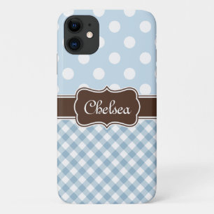Blue Polka Dot Gingham Patterns Brown Name Case-Mate iPhone Case