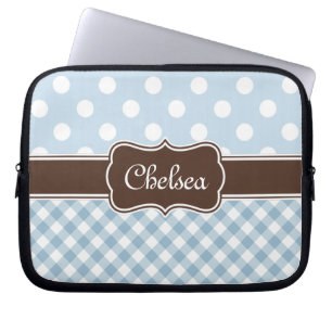 Blue Polka Dot Gingham Patterns Brown Name Laptop Sleeve