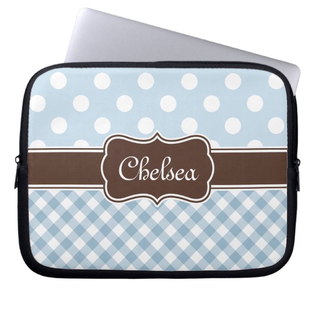 Blue Polka Dot Gingham Patterns Brown Name Laptop Sleeve (Front)