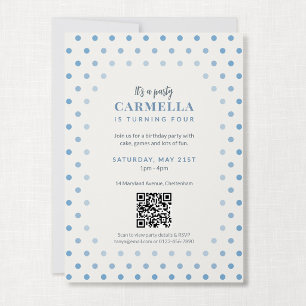 Blue Polka Dot Kid's Birthday Invitation With QR