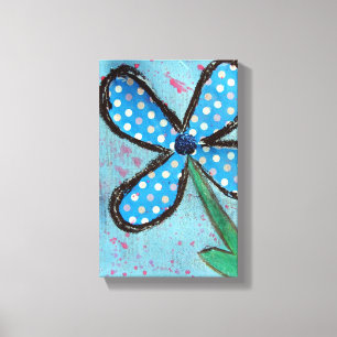 Blue Polka Dot Mixed Media Flower Canvas Print