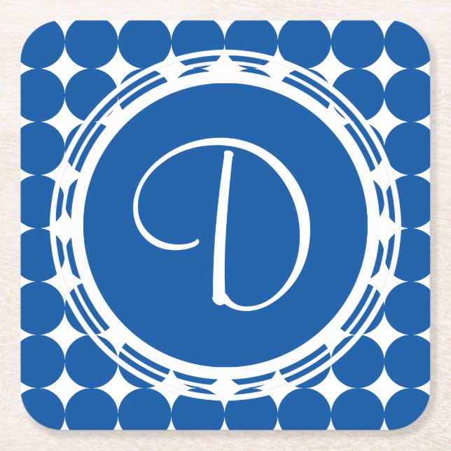 Blue Polka Dot Monogram Square Paper Coaster (Front)