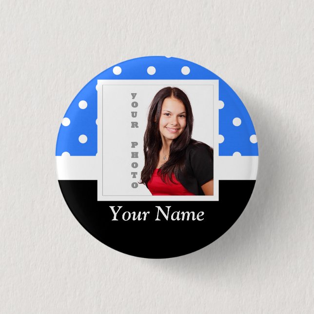 Blue polka dot photo template 3 cm round badge (Front)