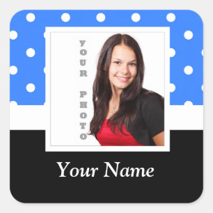 Blue polka dot photo template square sticker