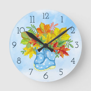 Blue Polka-dot Rain Boots Fall Leaves Round Clock