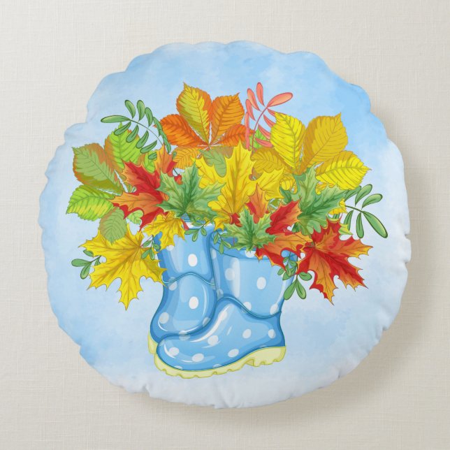 Blue Polka-dot Rain Boots Fall Leaves Round Cushion (Front)