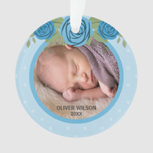 Blue Polka Dot Roses Baby's First Christmas Photo Ornament