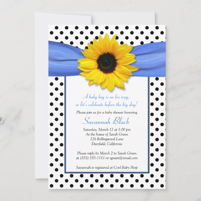 Blue Polka Dot Sunflower Boy Baby Shower Invitation (Front)