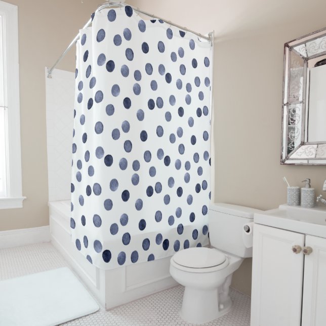 Blue polka dot . watercolor shower curtain (In Situ)
