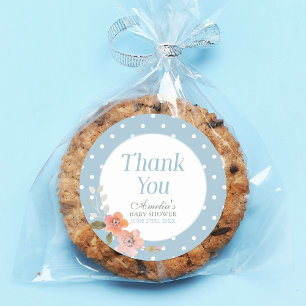 Blue Polka Dot with Delicate Floral Thank You Classic Round Sticker
