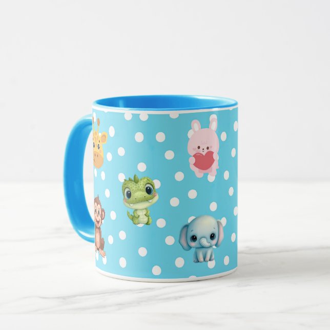 Blue Polka Dot with Kawaii Characters Mug (Front Left)