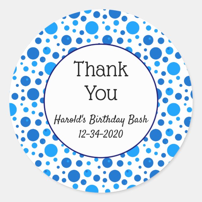Blue Polka Dots and Circles Custom Thank You Classic Round Sticker (Front)