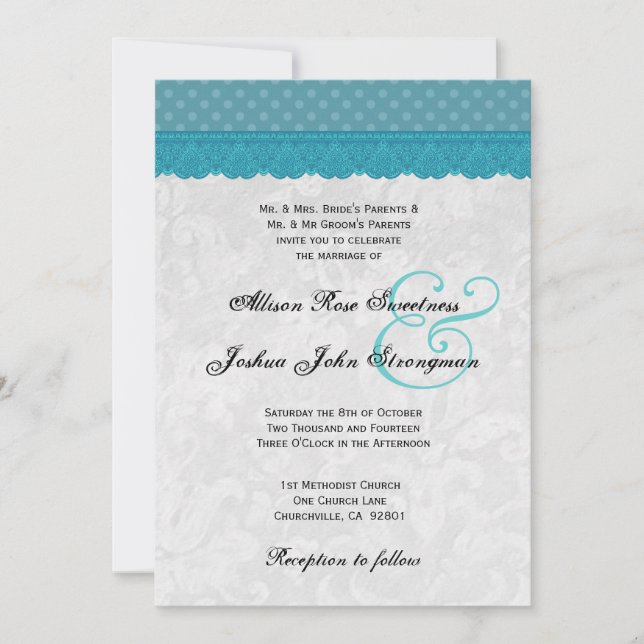 Blue Polka Dots and Lace Wedding V001 Invitation (Front)