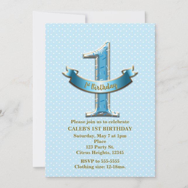 Blue Polka Dots & Banner ONE 1st 1 Birthday Party Invitation (Front)