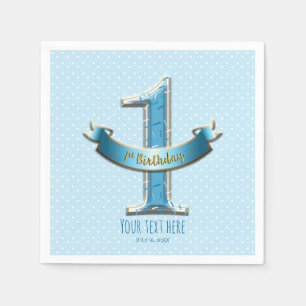 Blue Polka Dots & Banner ONE 1st 1 Birthday Party Napkin