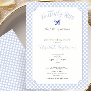 Blue Polka Dots Butterfly Kisses Baby Wishes Invitation
